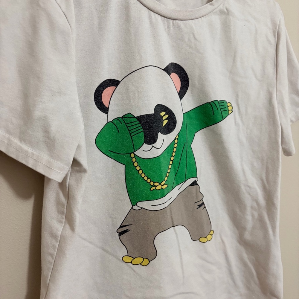 SHEIN White Tee with Dabbing Panda Graphic 7 Youth - Picture 2 of 5